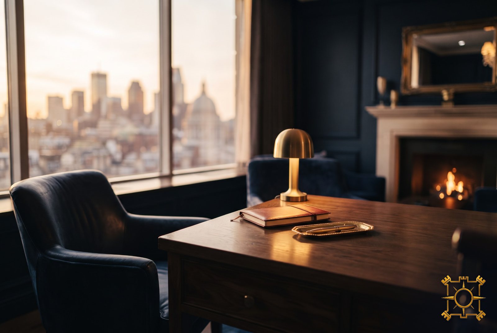 Quiet consultation desk with a brass lamp and a city view