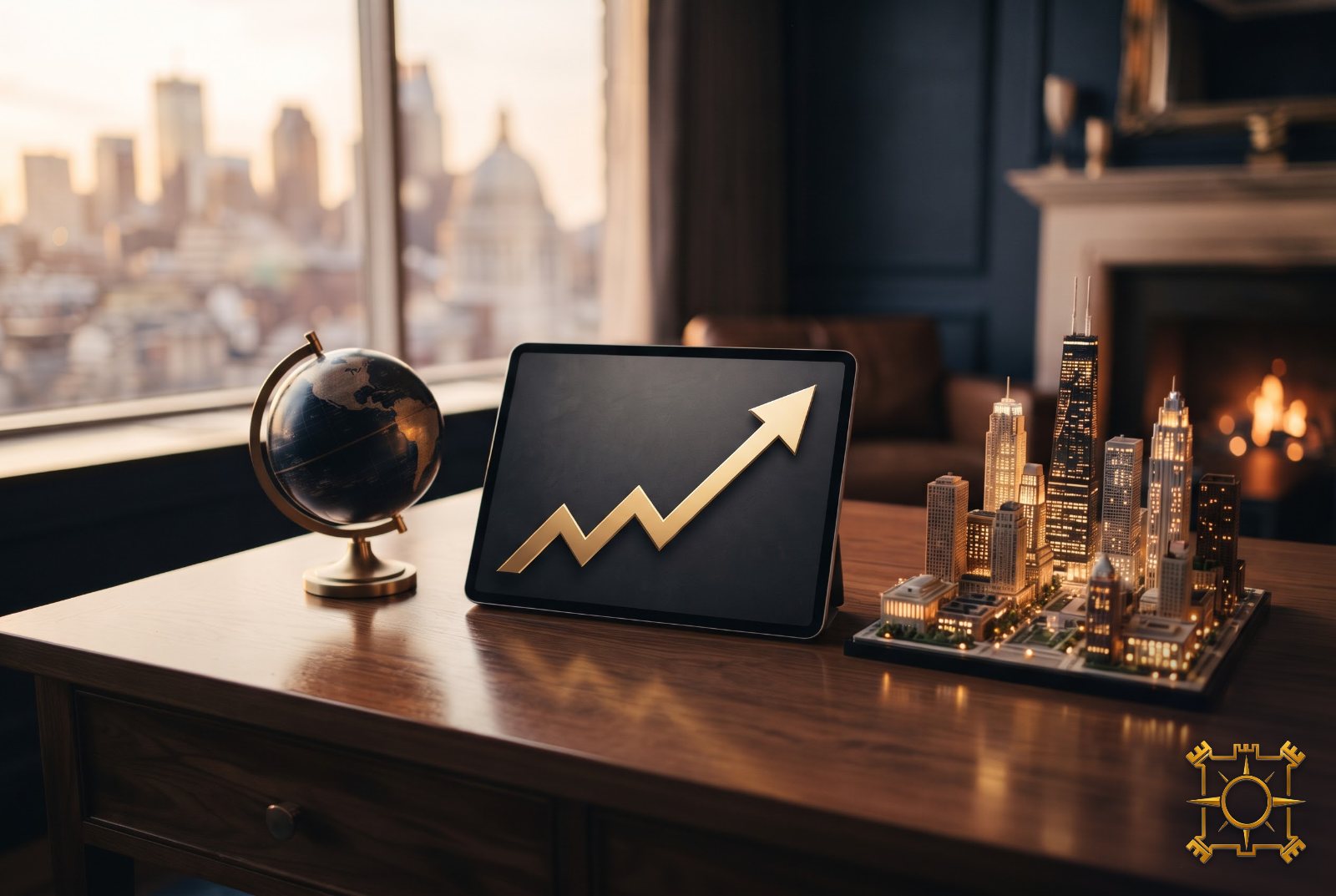 Gold rising chart on a tablet beside a globe and a city model