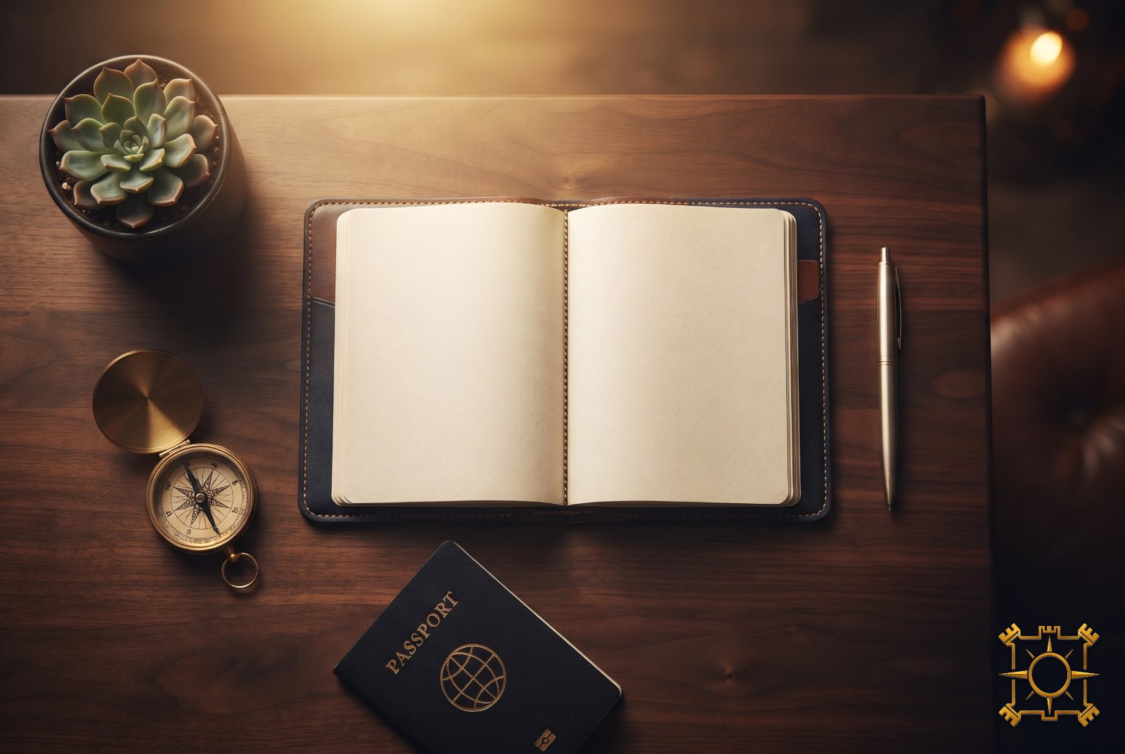 Open planner, compass and passport on a wooden desk
