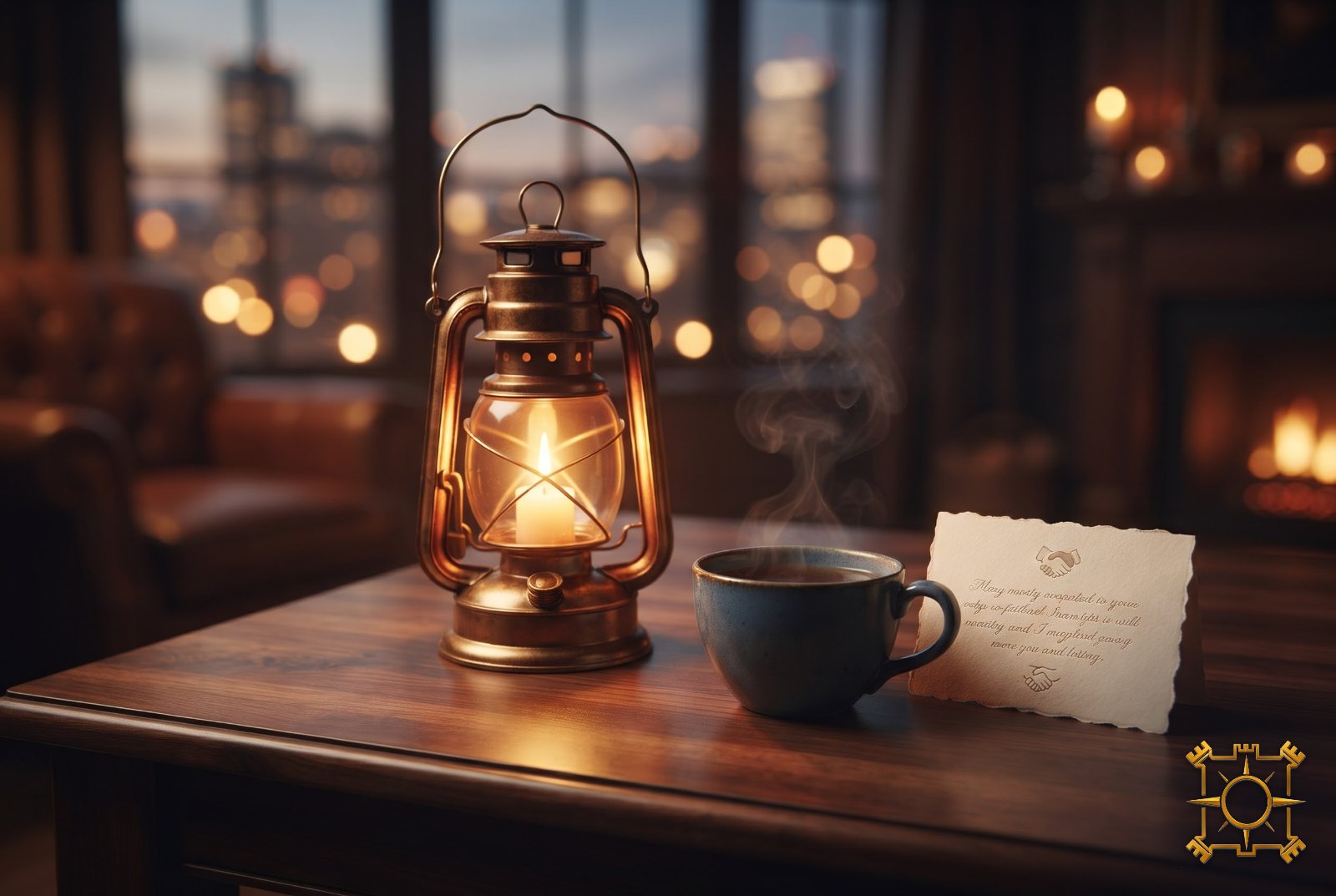 Warm lantern, cup of tea and a card on a wooden table